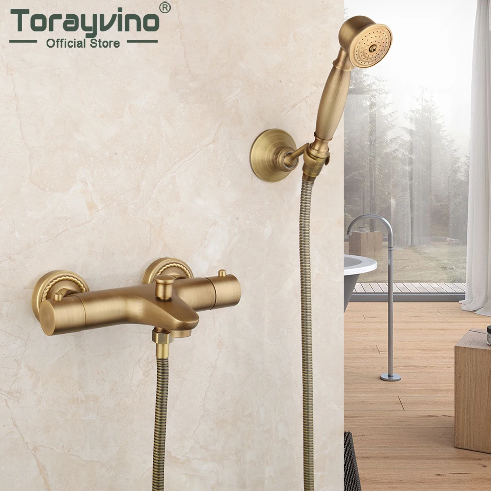 

Torayvino Antique Brass Thermostatic Bathroom Shower Faucet Set With Rainfall Hand Shower Held Bathtub Wall Mounted Mixer Tap