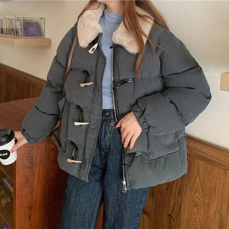 Women Short Style Parkas Lovely Thicker Button Design Fresh Korean  Students Warm Turn-down Collar Soft All-match Zipper