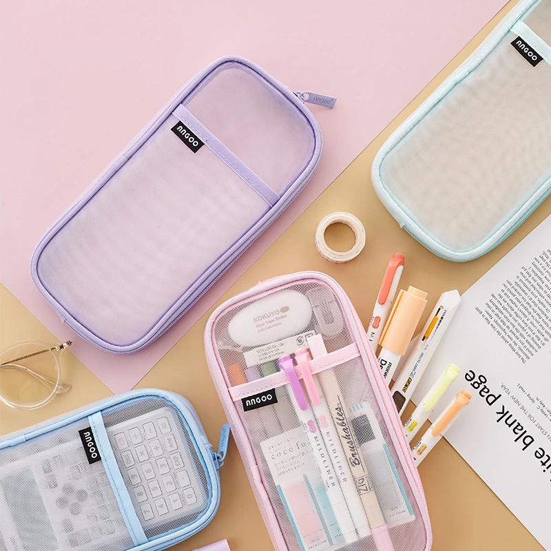 1pcs Angoo Transparent Mesh Pencil Case Pen Bag High Quality Ice Cream Color Storage Pouch Organizer for Stationery School A6452