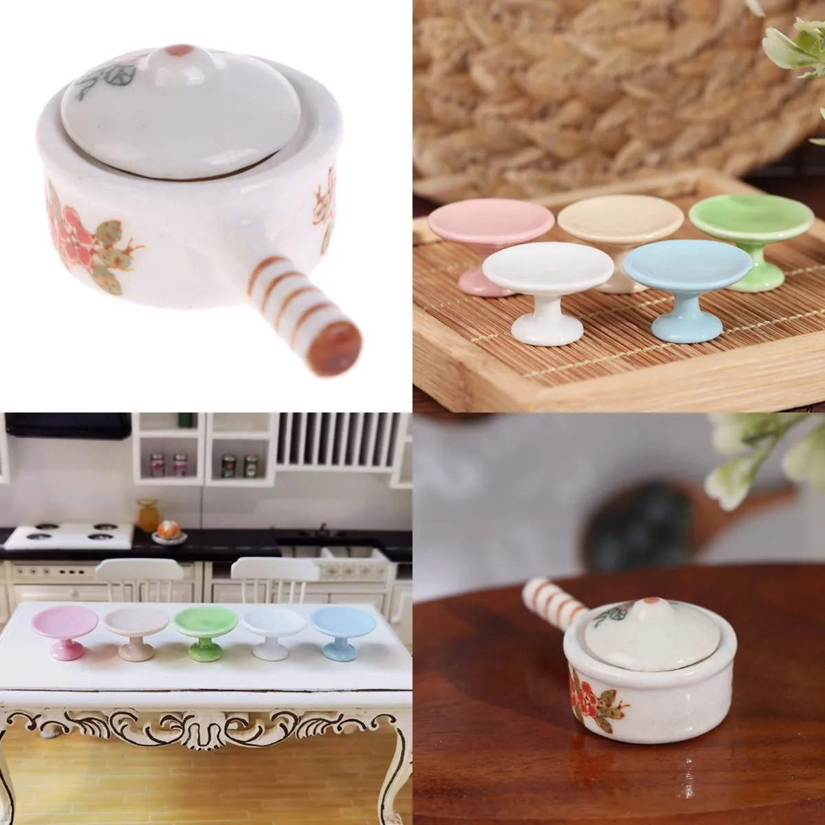 1:12 Dollhouse Miniature Pot Mini Milk Pan Ceramics Pot ＆ Dessert Pan Cake Stand Fruit Tray Dollhouse Kitchen Decor New