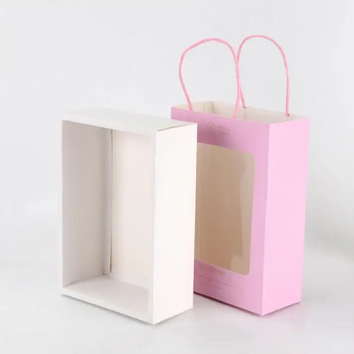 100pcs Pink Paper Bags With Clear Window Flower Bouquet Packaging Bag Gift Hand Box SN3507