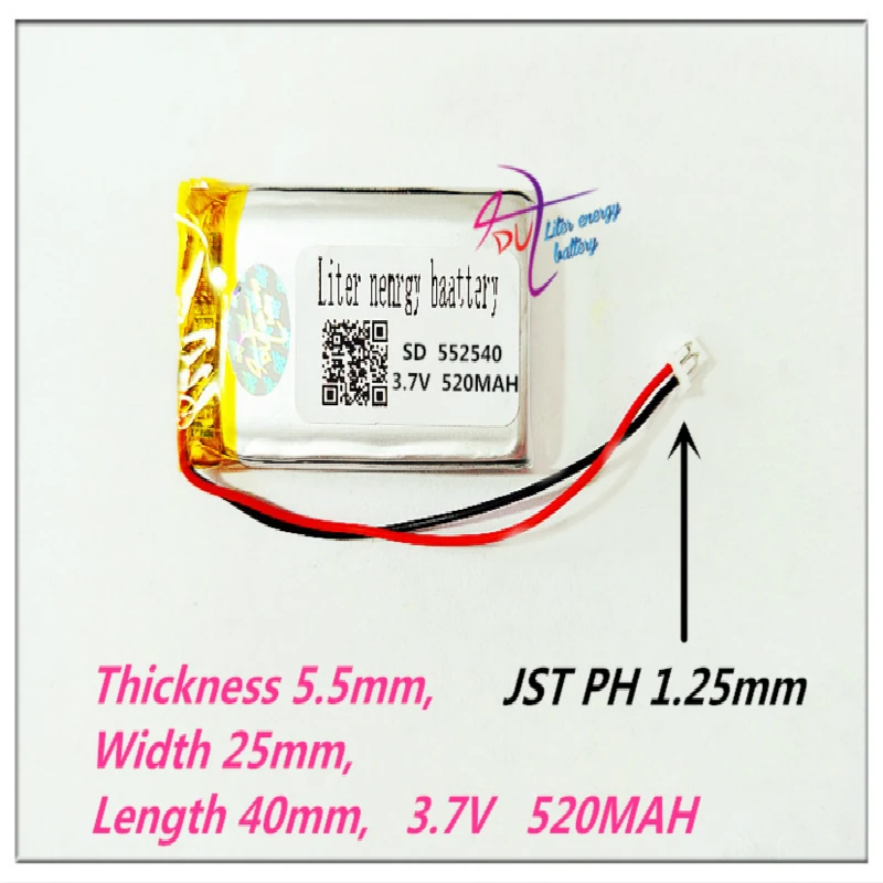 XHR-2P 1.25 552540 3.7V,520mAH, Polymer lithium ion / Li-ion battery for DVR RECORD,MP3,MP4,TOY,GPS,SMART WATCH,SPORT CAMERA