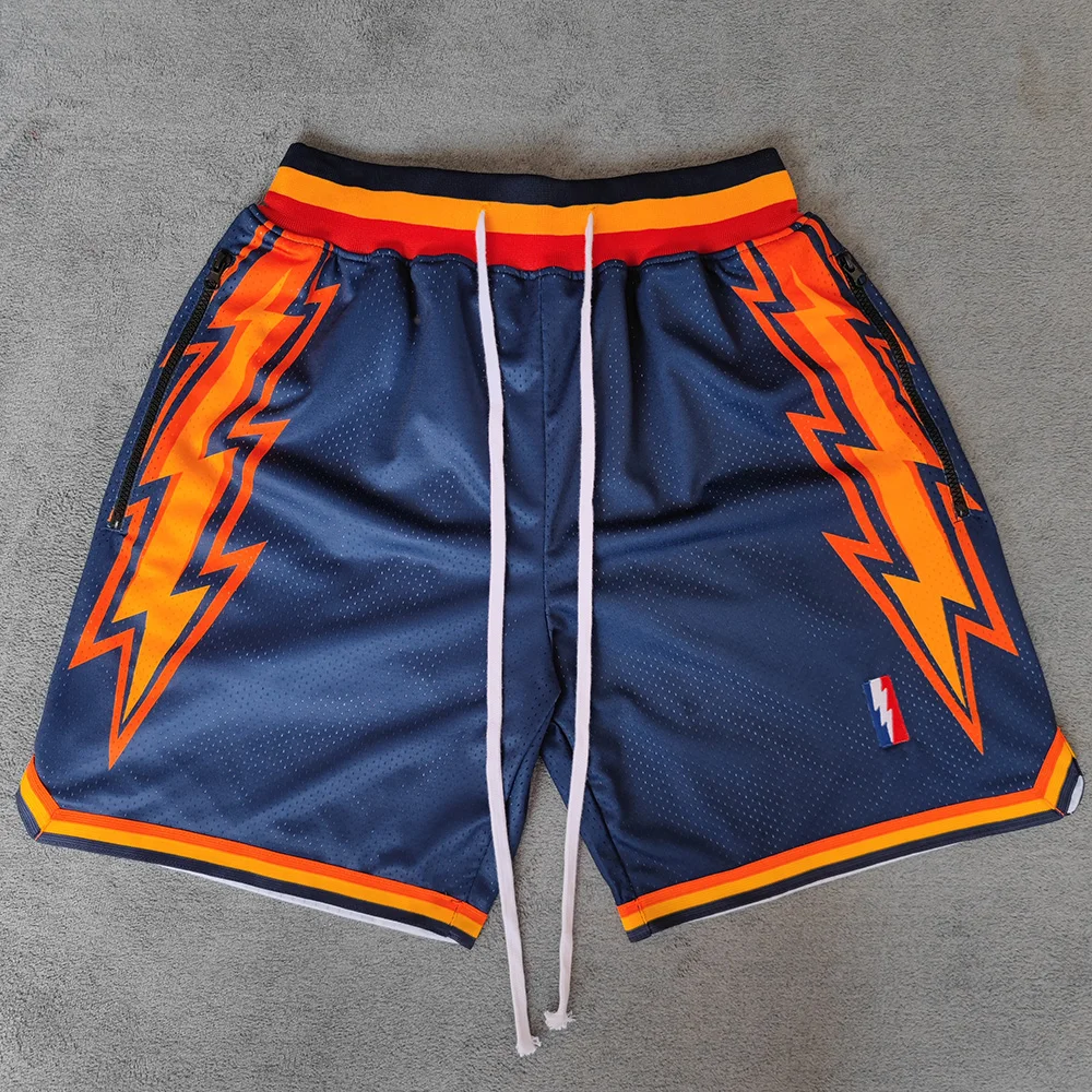 MM MASMIG Navy Golden State Flash Printed Basketball Shorts with Zipper Pockets Curry Street Style Sports Training Pants