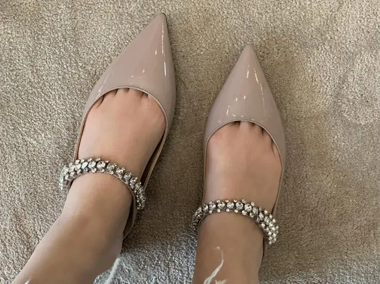 New Girls Beige Nude Burgundy Black Patent Leather Crystal Bling Slippers Woman Flats 6 cm Thin Heels Pointed Toe Slip On Slides