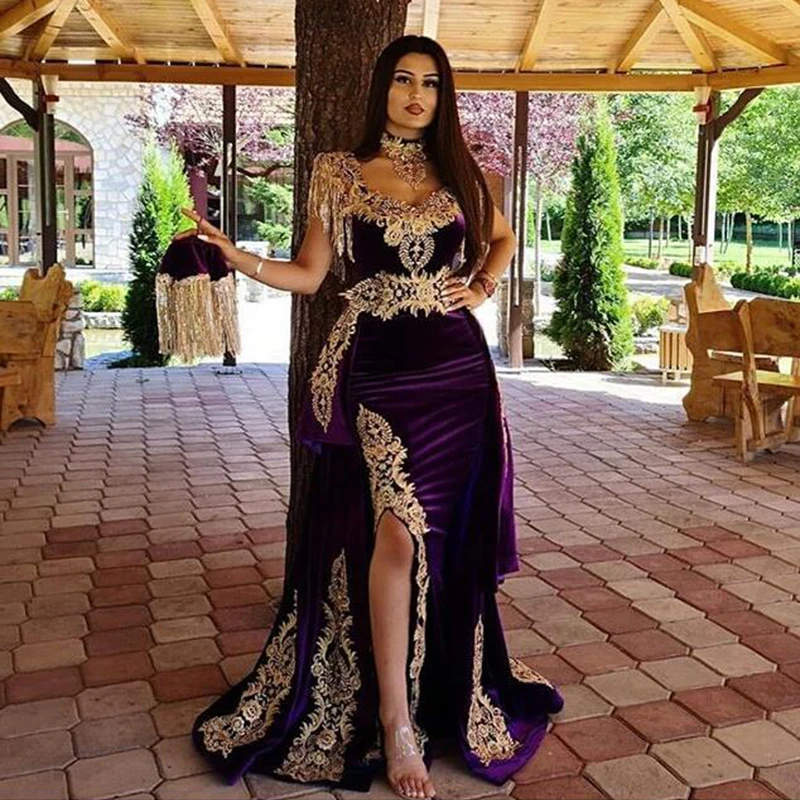 Eightale Arabic Evening Dress with Detachable Skirt Two Pieces Purple Morocco Kaftan Mermaid High Neck Velvet Prom Party Gown