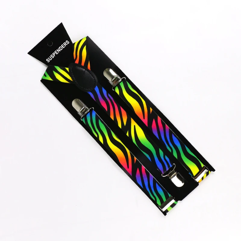 Winfox  Vintage Black Rainbow Mens Trouser Suspenders Male Women 2.5cm Wide Zebra Print Braces Elastic Suspenders