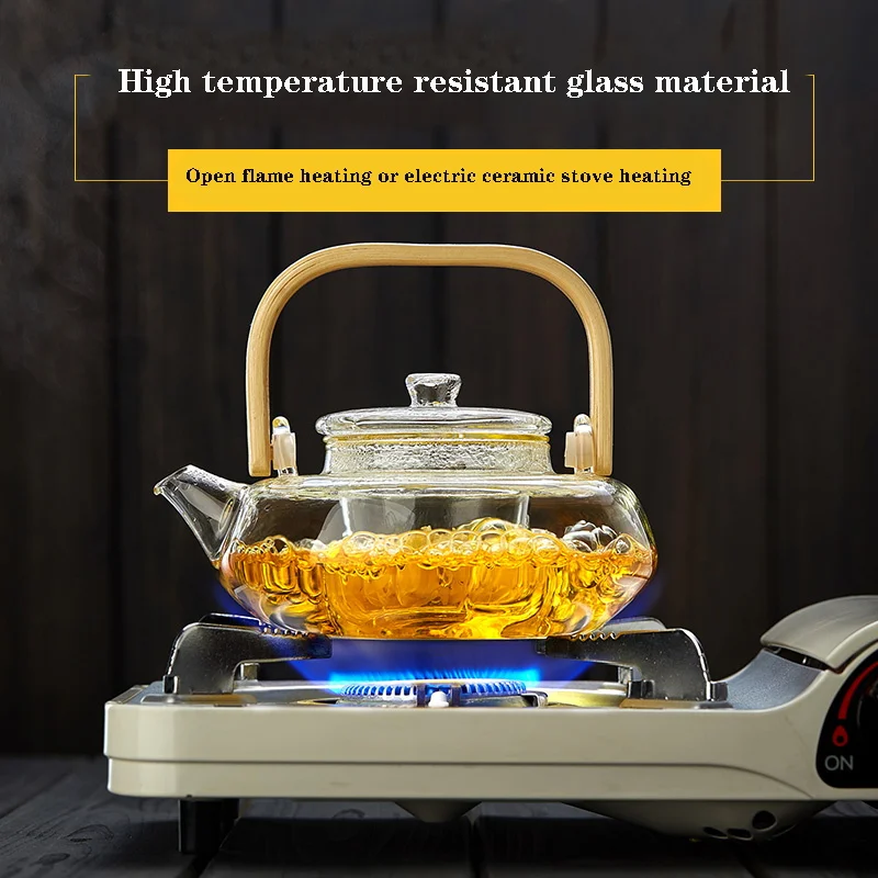 Heat-resistant glass coffee pot  Natural bamboo handle Built-in glass filter Household tea set pot Can be heated 800ml 1000ml