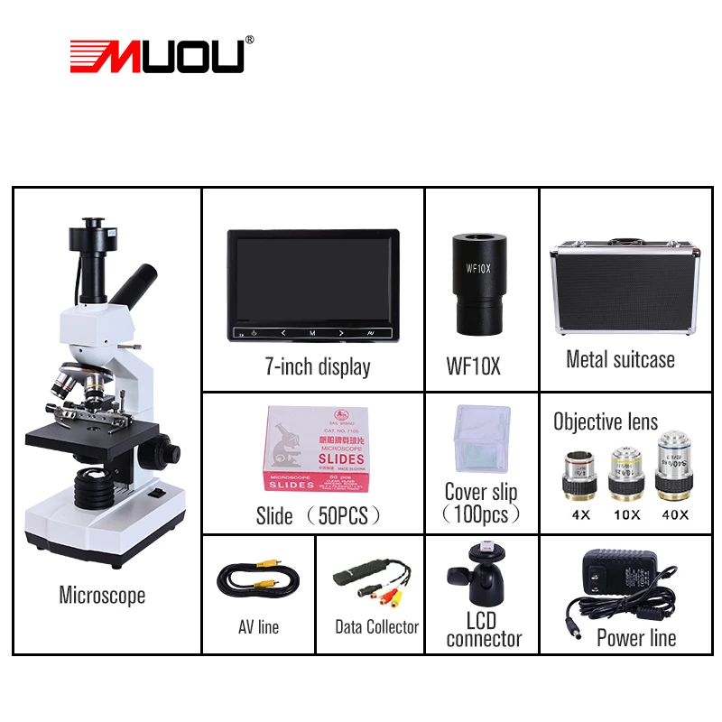 5MP HD Professional Mites Sperm biological Lab Digital Microscope Led + electronic eyepiece + 7-inch LCD screen USB Data line