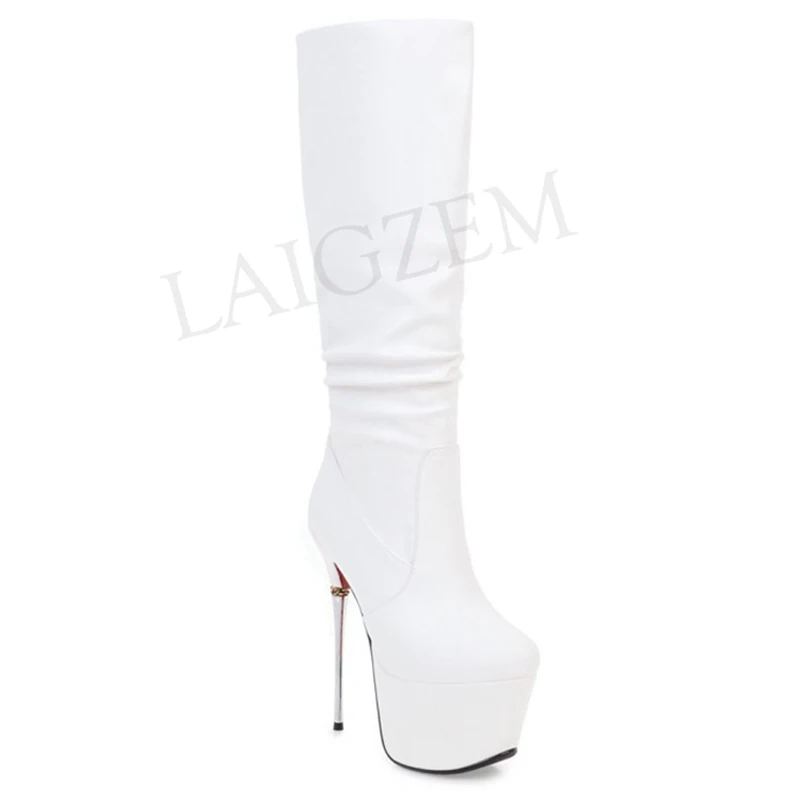 BERZIMER SUPER Women Knee High Platform Boots 16CM Metal Stiletto Pull On Party Wedding Shoes Woman Zapatos Big Size 33 38 39 43