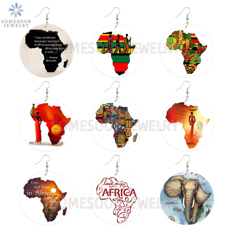 SOMESOOR Both Printed Afican Map Wood Earrings Collections Black Sayings Headwrap Lady Afrocentric Ethnic Jewelry For Women Gift