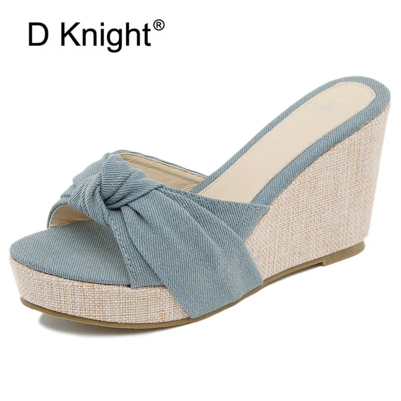 Rome Linen Open Toe High Heels Bow Knot Espadrilles Wedges Sandals Women Shoes 2021 Summer New Fresh Denim Shoes Slippers Women