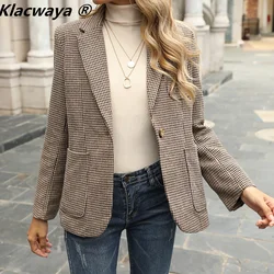 Klacwaya Houndstooth Blazer Women Jackets For Women 2021 Autumn Casual Checked Jacket Female Pockets Office Lady Blazers