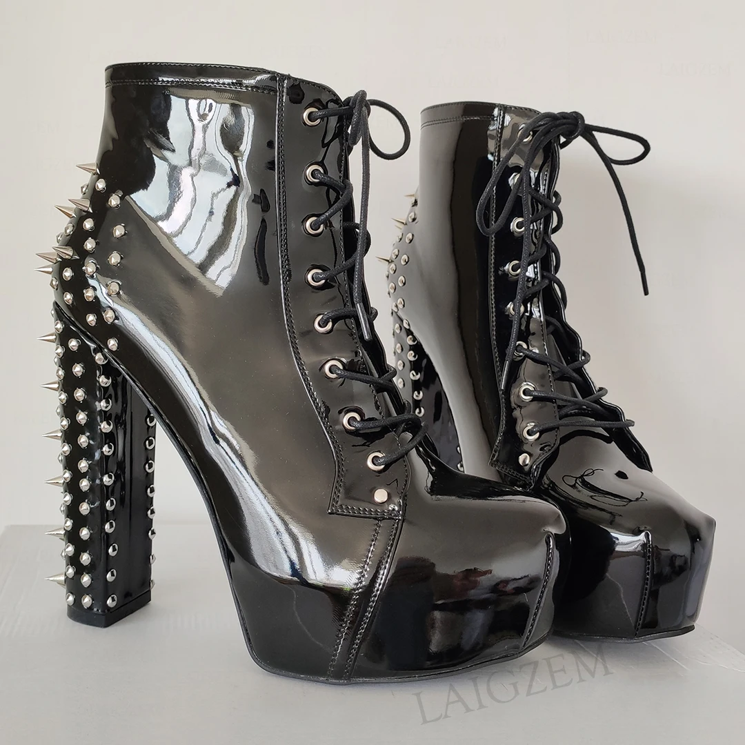 LAIGZEM Studded Women Ankle Platform Boots Lace Up Thick High Heels Boots Shiny Black Patent Shoes Woman Large Size 41 42 45 47