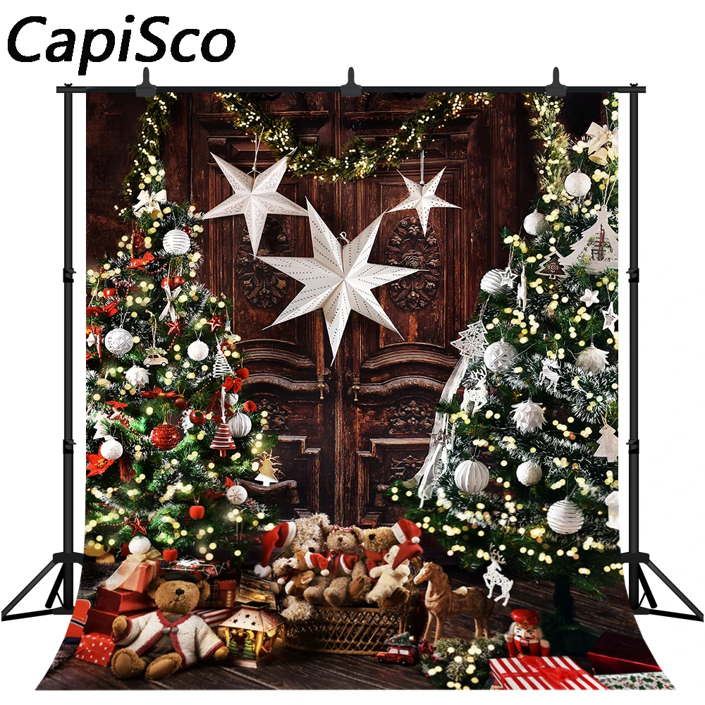 Capisco Photography Background Christmas Wood Door Xmas Tree Bear Gift Kids Family Party Portrait Backdrop Photo Studio Props