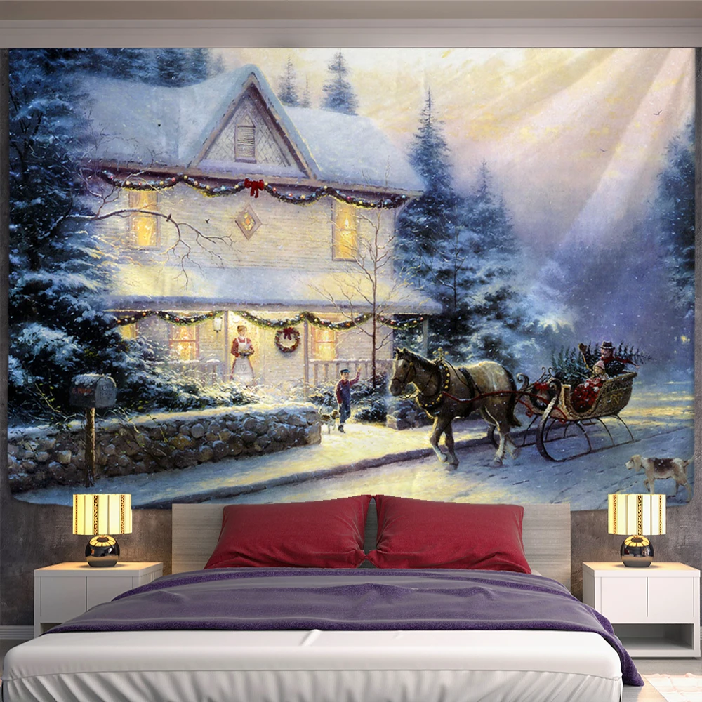 Christmas Oil Painting Tapestry Art Wall Hanging Carriage Beautiful House Tapestry Background Home Decoration Hand Wash Woven