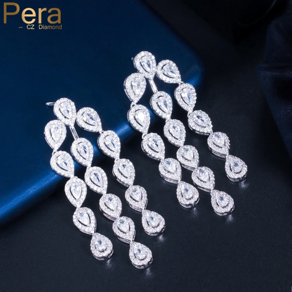 Pera Shiny White Long Pendant Tassel Waterdrop Cubic Zirconia Women Wedding Bridal Engagement Party Dangle Earrings E724