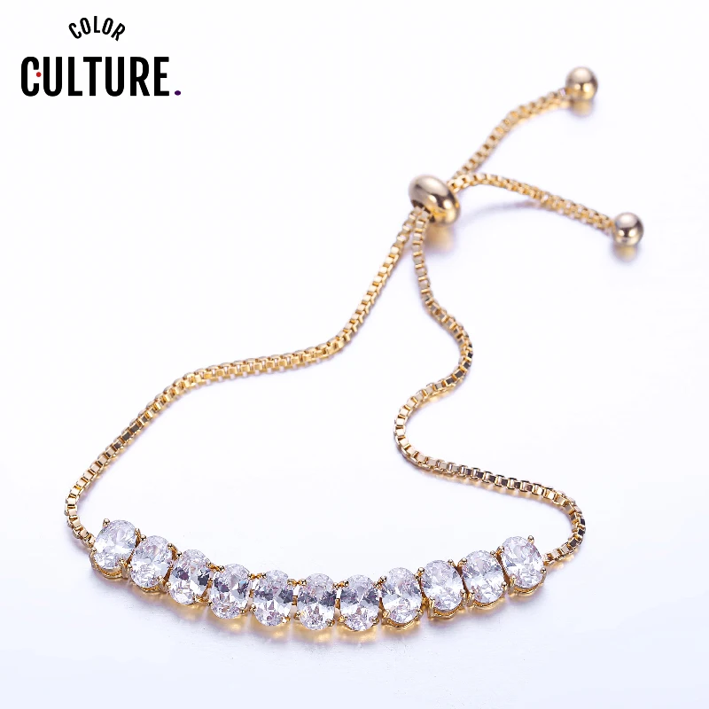 

Color Culture White Oval AAA Cubic Zircon Gold-color Chain Bracelets Fashion Wedding Jewelry