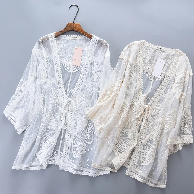 Summer Casual Sweet Seaside Holiday Cardigan Women White Beige Beach Sun-Protect Clothing Female Fairy Lace Shirt Cardigan U511