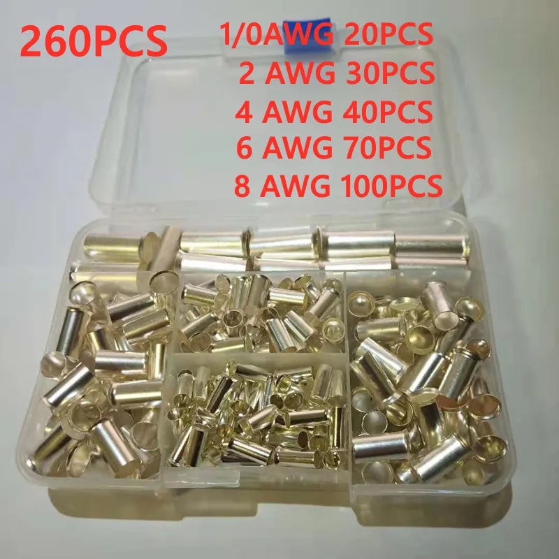 260cs/lot mixed 5 models bared Bootlace Ferrule Kit 1/0 2 4 6 8AWG Non Insulated Electrical Crimp cord wire end terminal