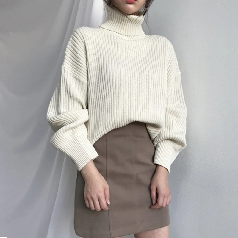 

Women's Autumn Winter Sweaters Turtleneck Thick Loose Ladies Jumper Loose Casual Knitted Tops Long Sleeve Pullover for Female
