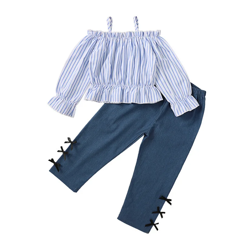 Toddler Girls Clothing Sets Striped Shirts Girl Outfits Spaghetti Strap Tops Bow Pants Girls Clothes Set roupas infantil meninas