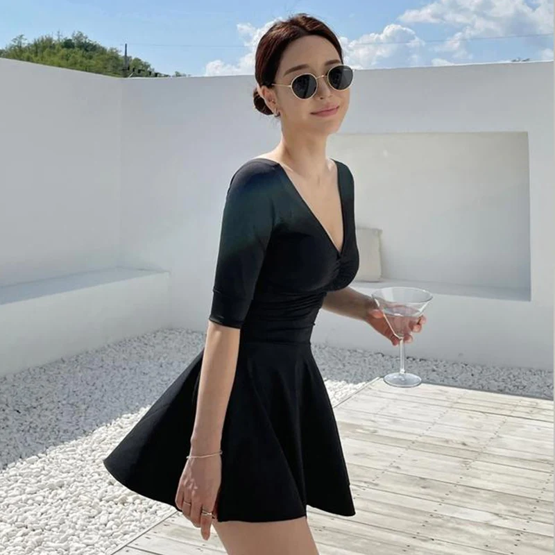 Short Sleeve One Piece Swimsuit Black Skirt Swimwear Women 2022 Solid Sexy Swimdress Slimming Korean Style Bathing Suit Female