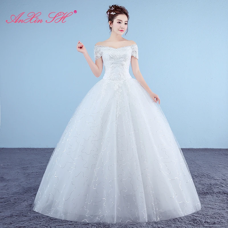 AnXin SH princess white flower lace vintage party boat neck turkey ball gown sparkly red lace flower customized wedding dress