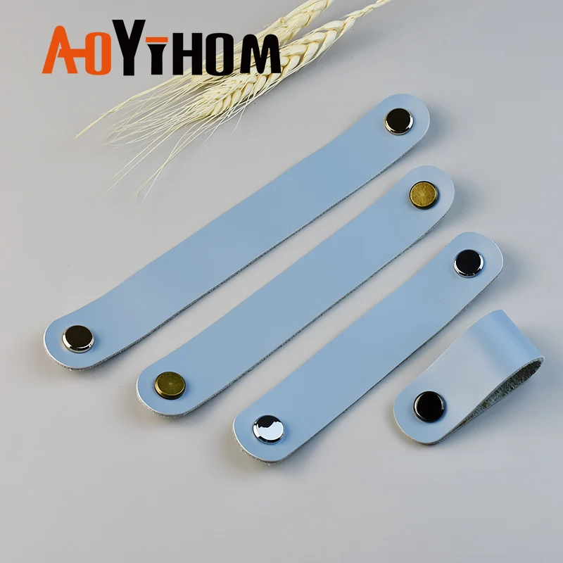 AOYIHOM Kitchen Cabinet Storage Pull Light Blue Leather Furniture Handle Used for Indoor Living Room Drawer Wardrobe Door Knob