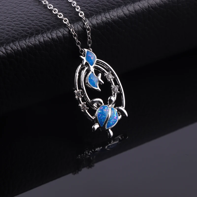 Fashion Animal Jewelry Necklace Female Blue Two Small Fish And Turtle Pendant Necklaces Anniversary Birthday Gift For Lover Wife