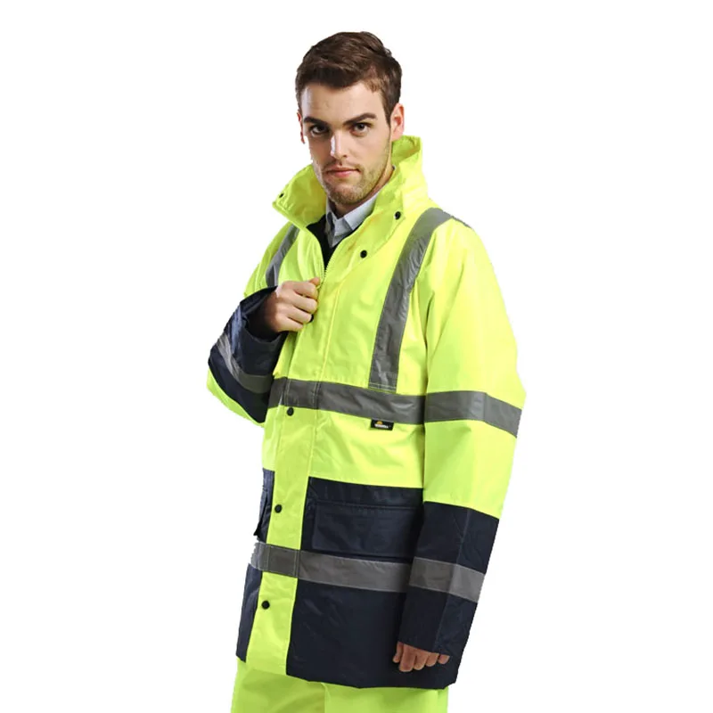 EN471 ANSI/SEA 107 Hi Vis Jaket Parka Keselamatan Tahan Air Dua Warna dengan Pita Reflektif Oranye Pakaian Kerja Keselamatan Jaket Musim Dingin