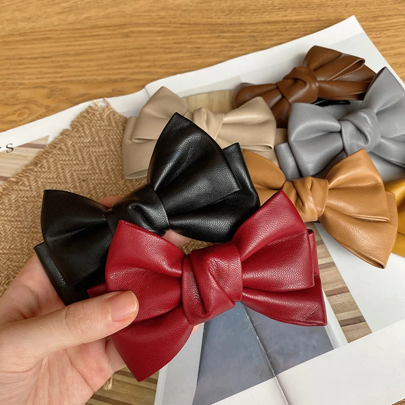 PU Leather Big Bowkont Hair Clips Hairpins Women Girls Bow Spring Clips Barrettes Hairgrips High Quality Hair Accessories Winter