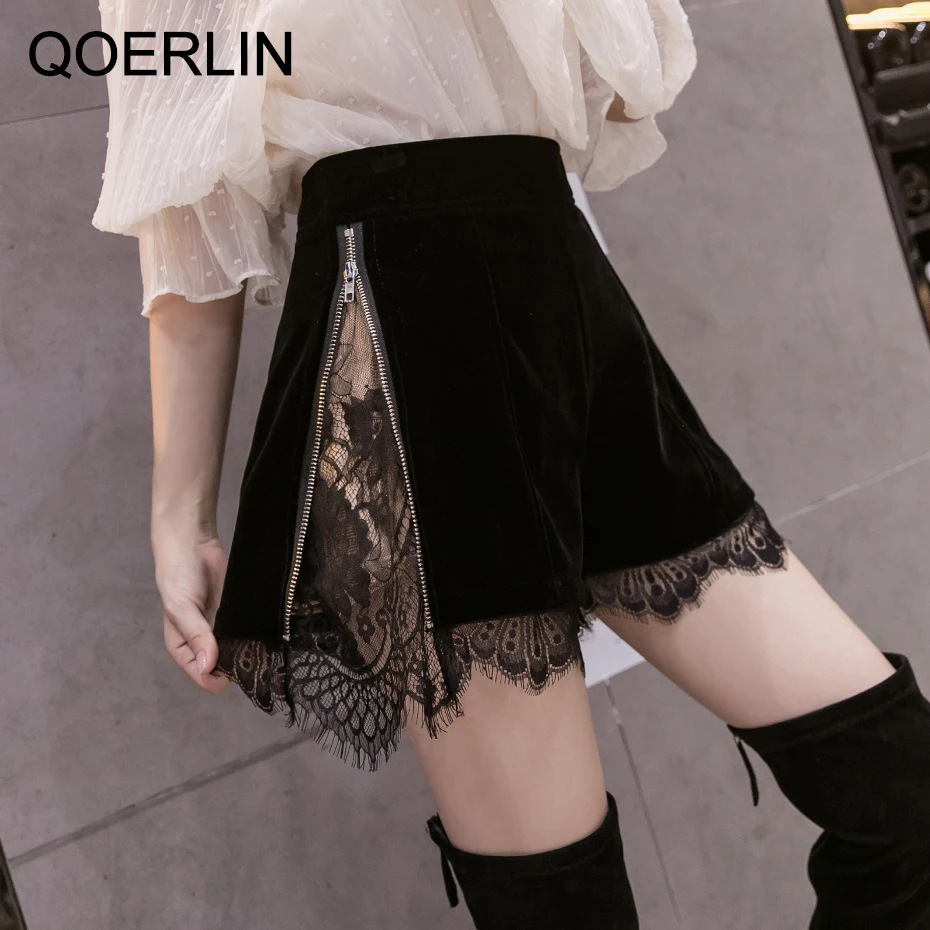 QoerliN Women\'s Velvet Shorts Sexy Lace Shorts Korean High Waist Slim Side Zipper Shorts Straight Trouser