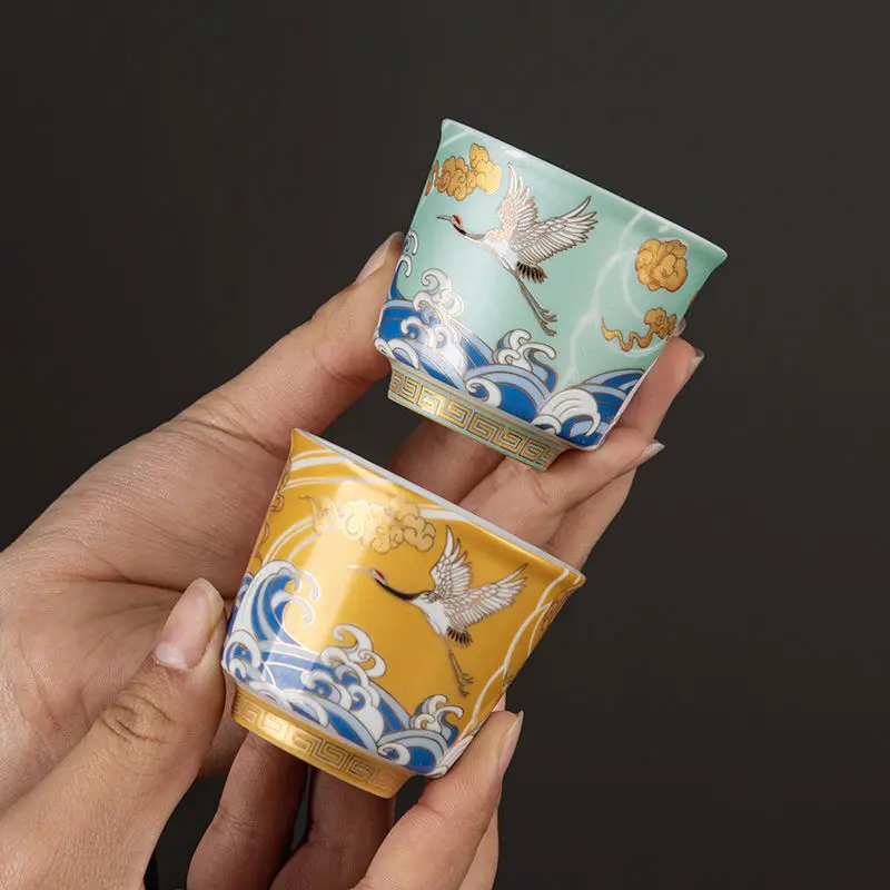 Luxuriant Ceramic Tea Cup Crane Cup Horseshoe Cup Master Cup Tea Bowl Colorful Enamel Personal Teacup Chinese Kung Fu Cup