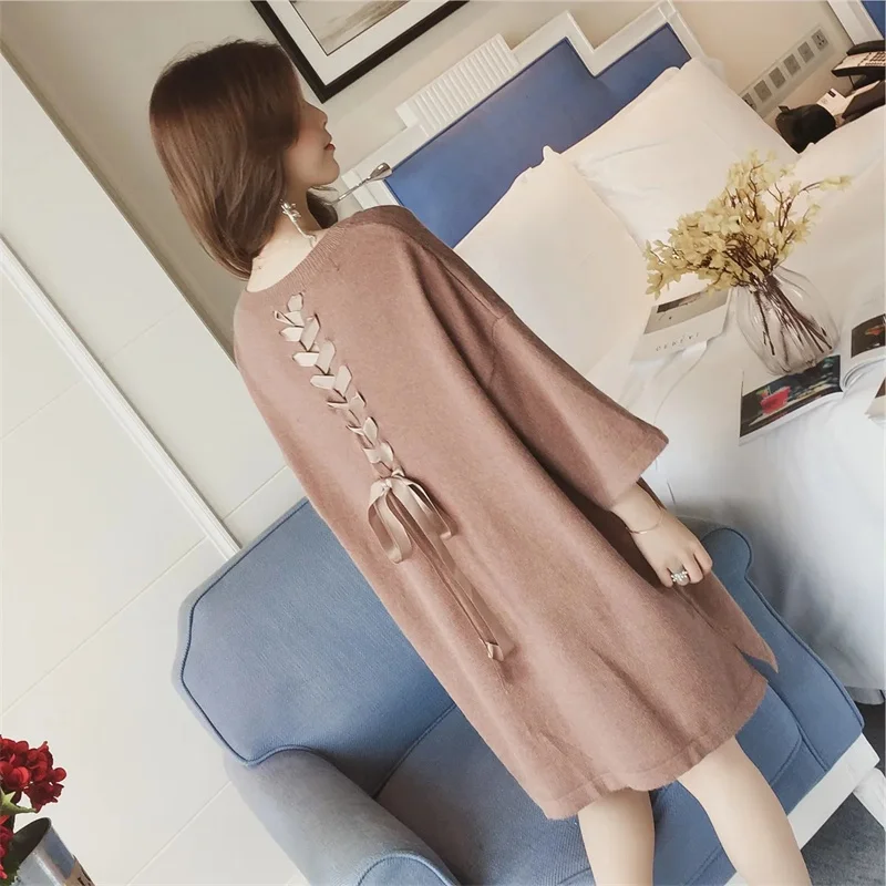 Base Knit Sweater Sweater Fashion Women\'s 2021 Spring And Autumn New Style Korean Mid-Length Loose Back Lace-Up Female Dress E