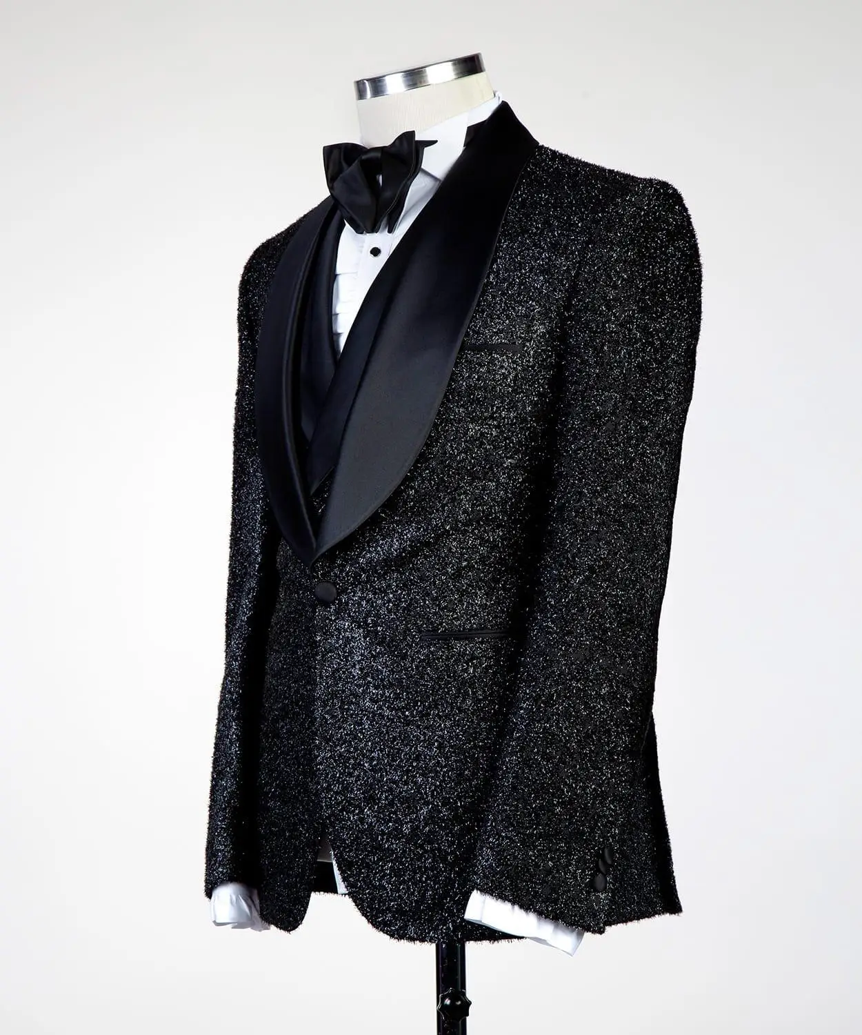 Glitter เลื่อมสีดำ Mens เจ้าบ่าวชุดแต่งงาน Blazer Tuxedos อย่างเป็นทางการพรหมกางเกงเสื้อแจ็คเก็ต3ชิ้น