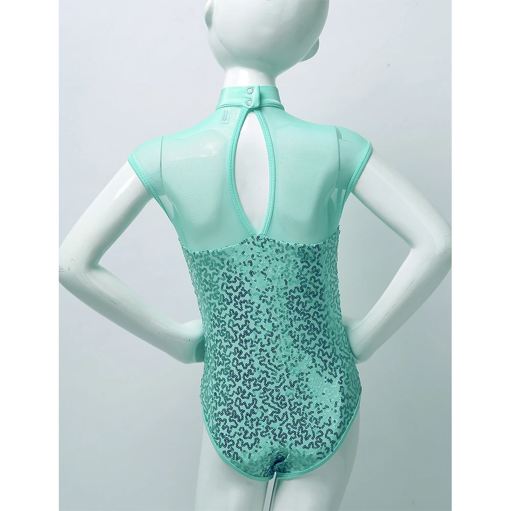 Gymnastics Leotard for Girls Ballet Tutu Sparkly Sequins Sleeveless Mock Neck Tulle Splice Keyhole Back Ballet Dance Jumpsuit