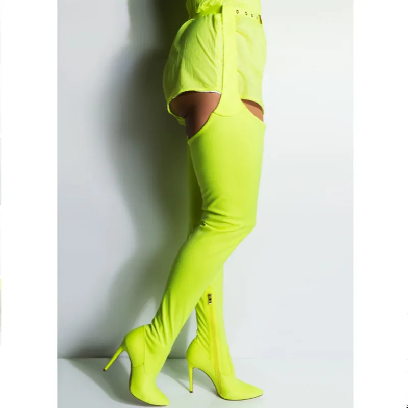 Neon Green Waist Buckle Over Knee Boots Women Pointed Toe Stilettos Thigh High Boots Sexy Stretch Side Zipper High Heels Shoes