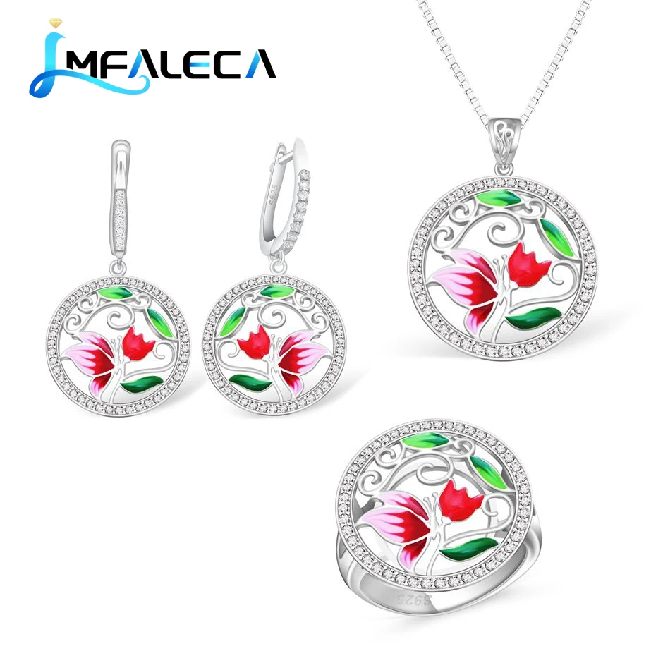 

LMFALECA Pure 925 Sterling Silver Earrings Jewelry Sets for Women Bright Enamel Flower Necklace Ring Luxury Jewelry Gift for Her