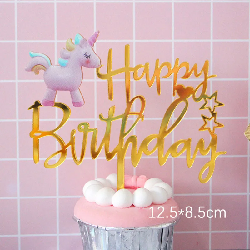 Gold Unicorn Acrylic Cake Topper Flamingo Happy Birthday Cupcake Topper For Baby Shower Mermaid Unicorn Party Cake Decorations image 5