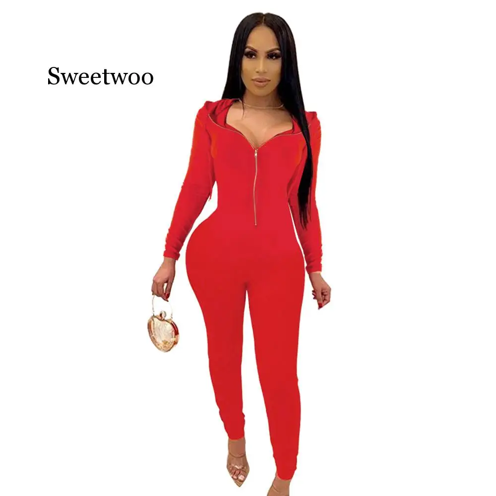 

Sexy Age Reduction Soft Fashion Solid Hooded Full Sleeve Women Zipper Elastic Tracksuits Long Jumpsuits