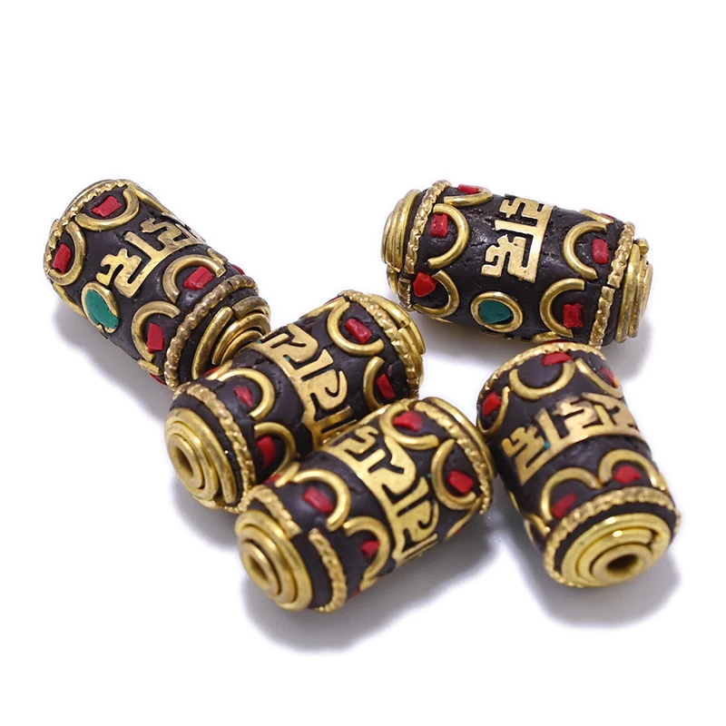 TZ-N Handmade Nepal Buddhist Tibetan Brass Craft Beads for Necklace Jewelry Making Accessories Clay Inlaid Colorful Cylindrical