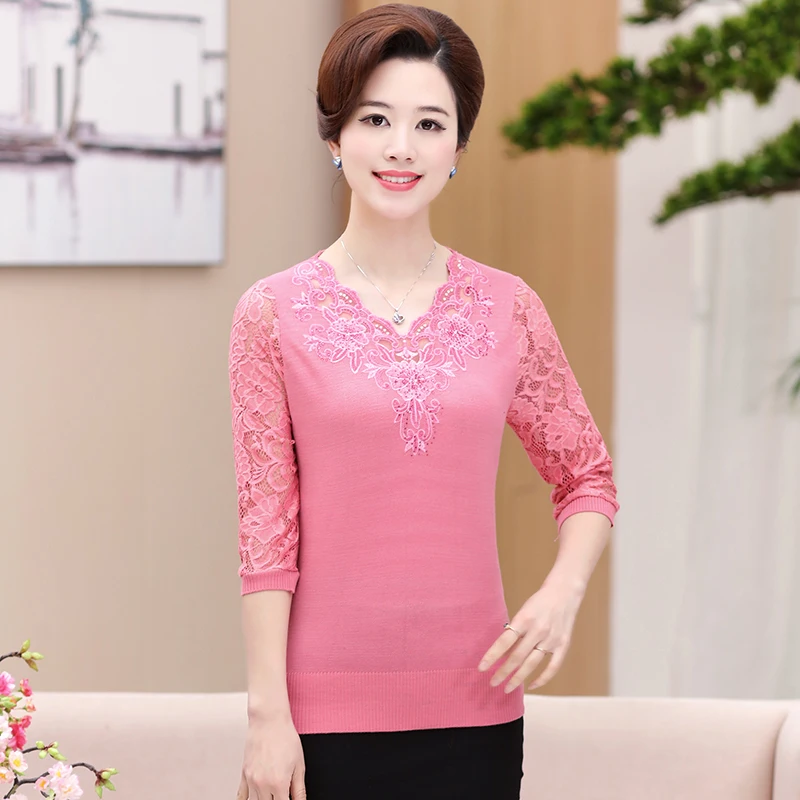 Women Embroidery Blouse Tops Summer Spring Lace Knitwear Elegant Female Floral Sweater Lace Shirts Pullovers