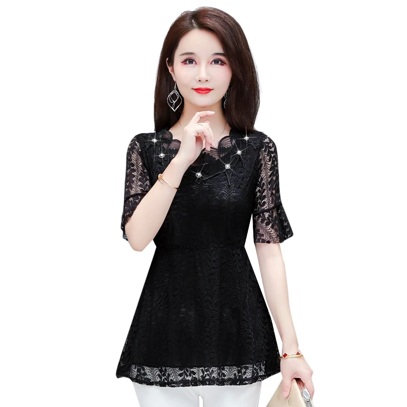 2020 Cute Black Lace Peplum Tops Hot Sales Women Office Lady European Fnioevdrs Sheer Hollow Out Lace Beaded Blouse Tunic m108