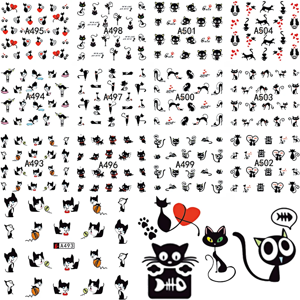 12pc Design In 1 Set Cute Cartoon Cat Nail Sticker Water Transfer French Tips Manicure Pedicure DIY Nails Watermark BEA493-504-1