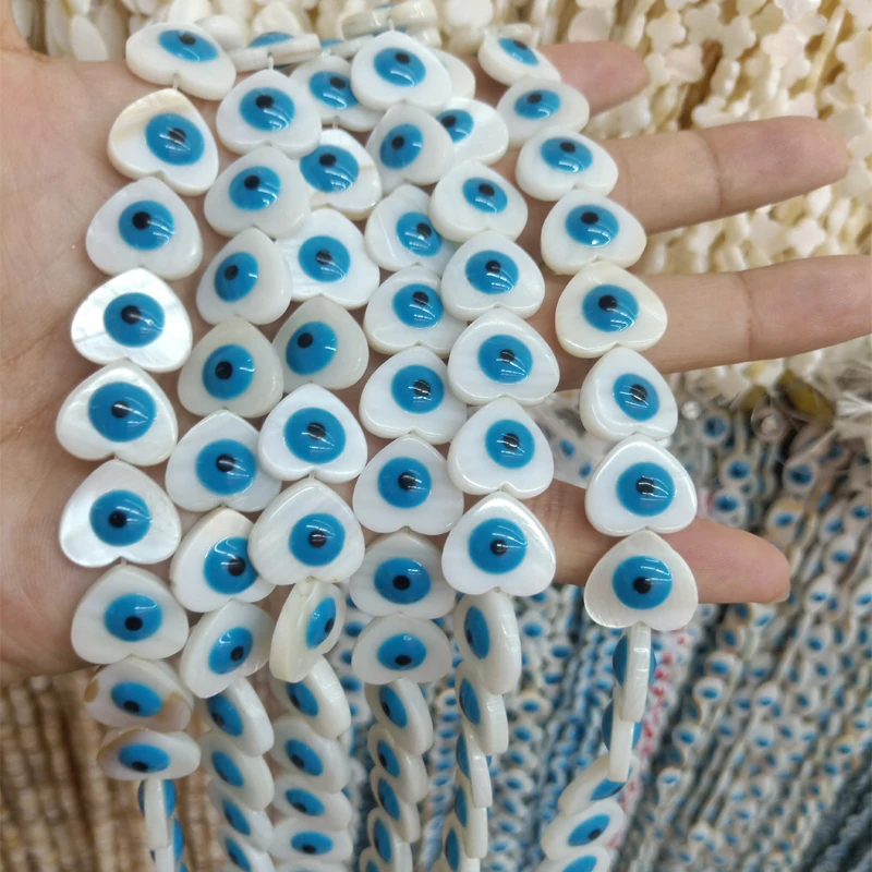 10pcs 15mm Heart Shape Shell Beads Two Sides Evil Eye Loose Spacer Sea Shell Bead For Jewelry Making DIY Bracelet Earring