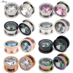 Alisouy 2pc Stainless Steel Top Quality Crystal Zircon Ear Tunnels Plug Screw Fit Colorful Ear Flesh Gauge Ear Expanders Jewelry