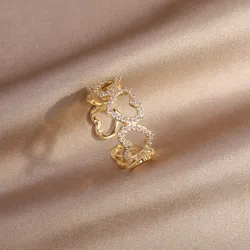 Korea New Design Fashion Jewelry 14K Real Gold Electroplating Hollow Love Zircon Ring Elegant Women's Opening Adjustable Ring
