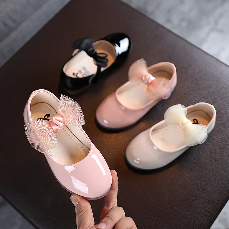 Children Leather Flats For Toddlers Girls 2023 Brand New Spring Autumn Kids Dress Shoes PU Patent Leather With Lace Bowtie Sweet