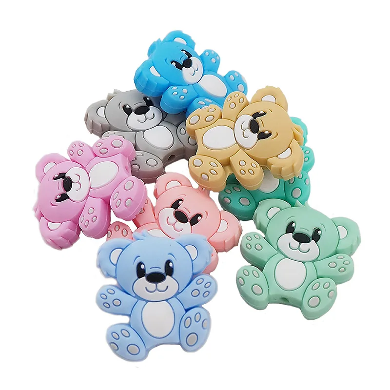 Chenkai 10PCS Silicone Bear Bird Cat Star Duck Fox Beads Baby Shower Teething Infant Round DIY Pacifier Chain Necklace Making