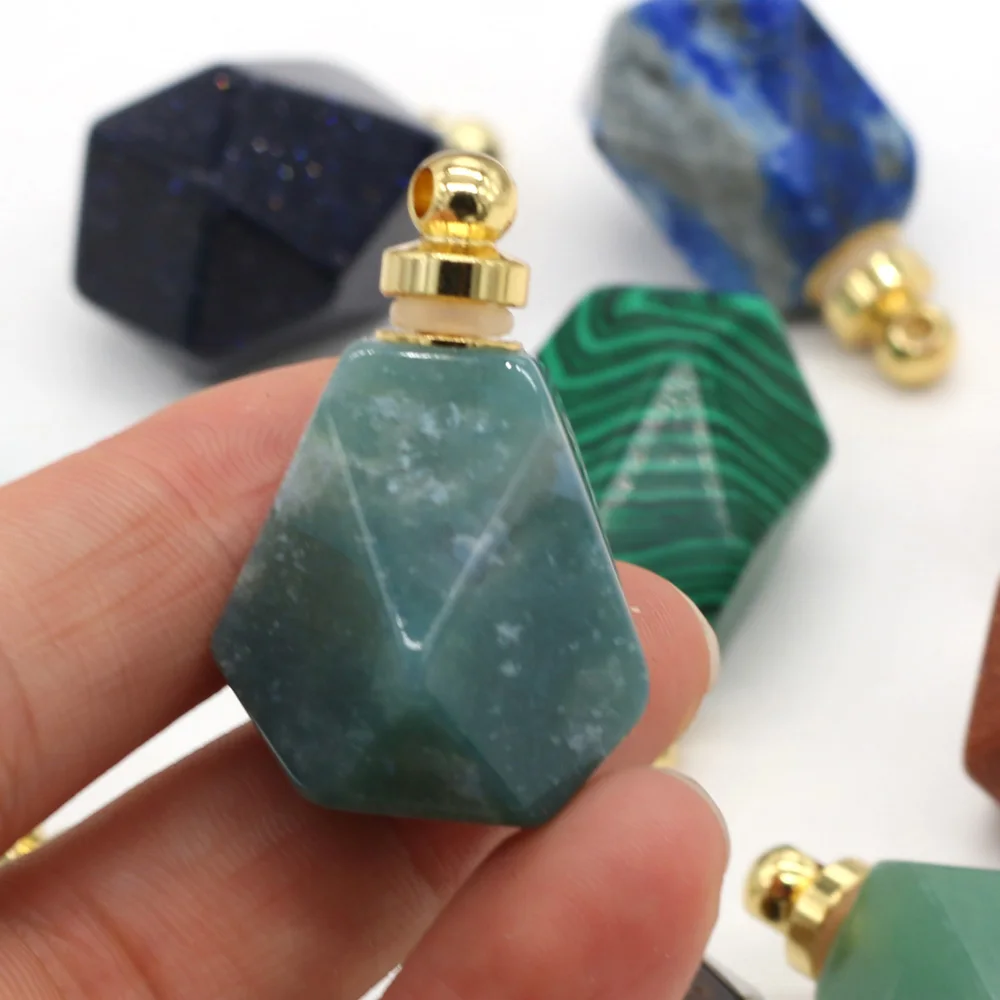 Natural Stone Perfume Bottle Pendant Polygon Semi-precious Pendant For Jewelry Making Charms DIY Necklace Accessory